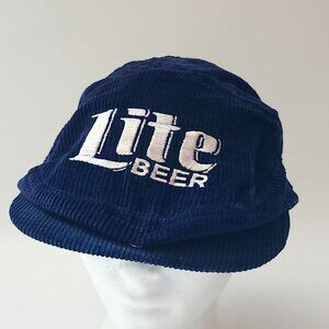 VINTAGE Miller Lite Beer Corduroy Driving Cap Navy Blue Embroidered Logo
